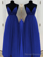 A-Line/Princess V-neck Floor-Length Tulle Prom Dresses With Beading