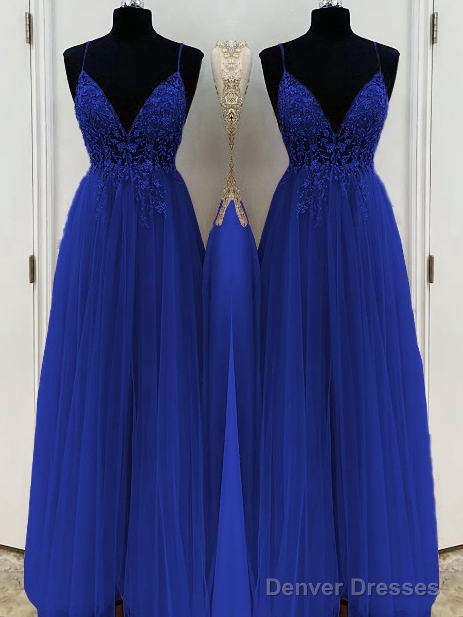 A-Line/Princess V-neck Floor-Length Tulle Prom Dresses With Beading