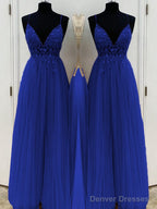 A-Line/Princess V-neck Floor-Length Tulle Prom Dresses With Beading