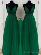 A-Line/Princess V-neck Floor-Length Tulle Prom Dresses With Beading