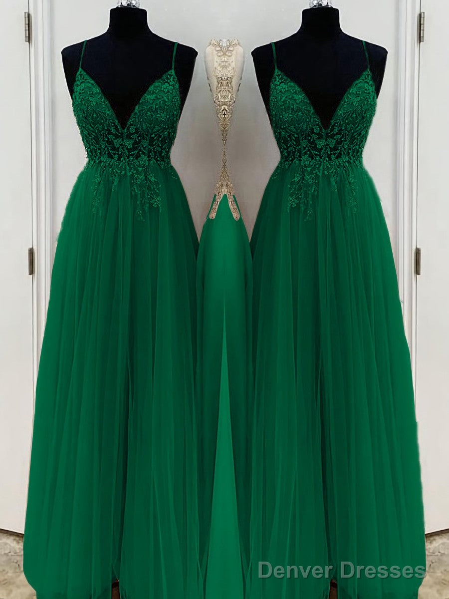 A-Line/Princess V-neck Floor-Length Tulle Prom Dresses With Beading