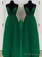 A-Line/Princess V-neck Floor-Length Tulle Prom Dresses With Beading