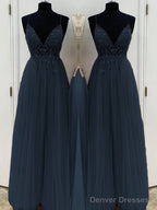 A-Line/Princess V-neck Floor-Length Tulle Prom Dresses With Beading