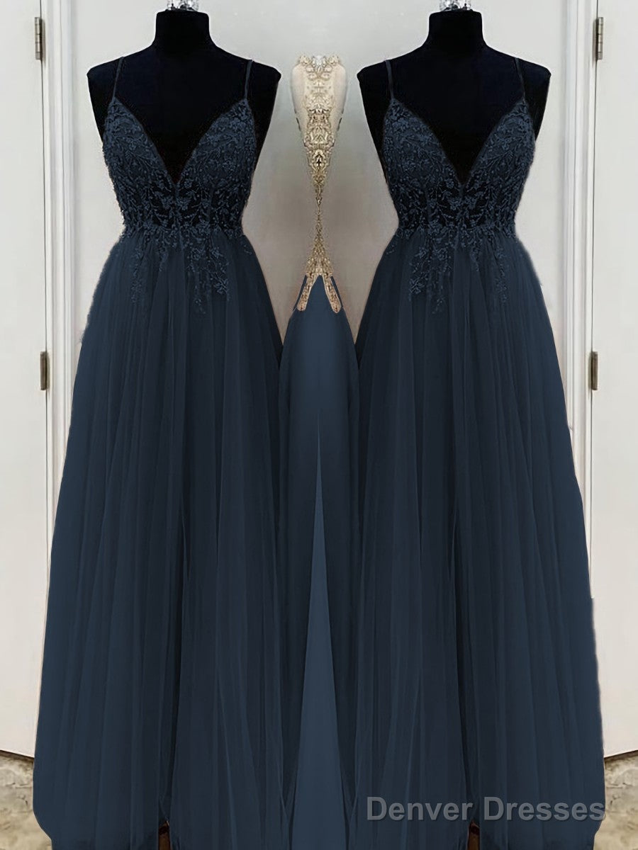 A-Line/Princess V-neck Floor-Length Tulle Prom Dresses With Beading