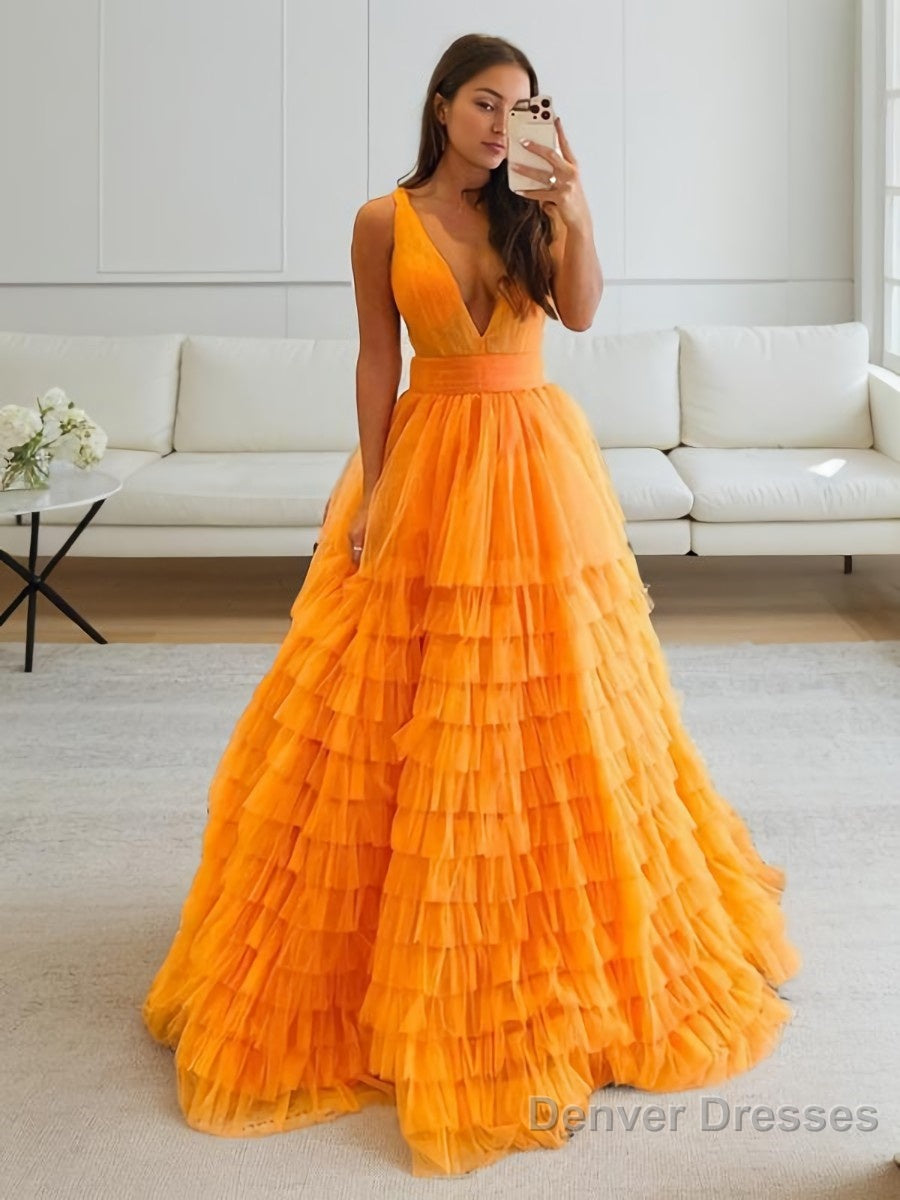 A-Line/Princess V-neck Floor-Length Tulle Prom Dresses With Ruffles Main image