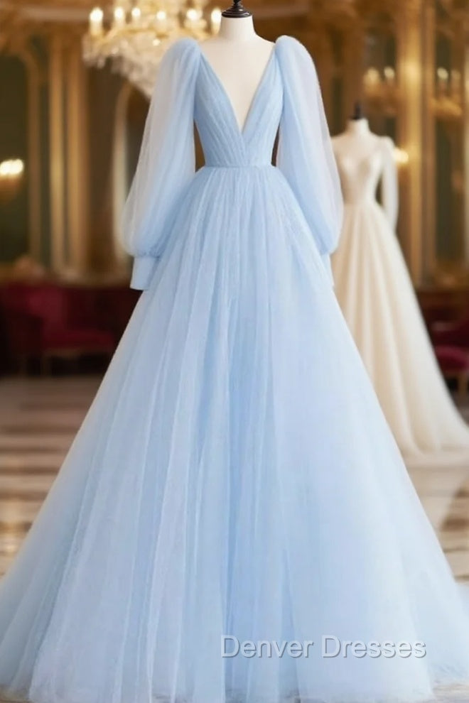 A-line Princess V Neck Full/Long Sleeve Court Train Tulle Prom Dress- Prom Dress Main image