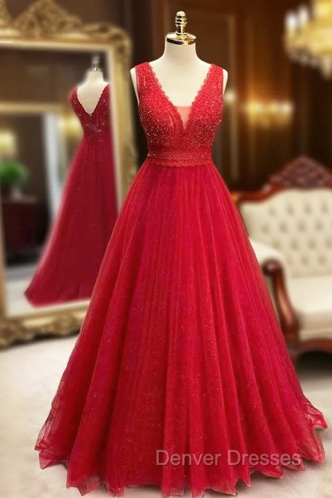 A-line Princess V Neck Long/Floor-Length Sparkly Tulle Prom Dress With Appliqued Beading Glitter Main image