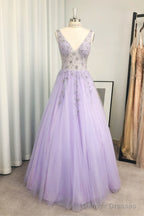 A-line/Princess V Neck Long/Floor-Length Tulle Prom Dresses With Beading Sequins