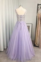A-line/Princess V Neck Long/Floor-Length Tulle Prom Dresses With Beading Sequins