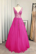 A-line/Princess V Neck Long/Floor-Length Tulle Prom Dresses With Beading Sequins