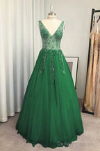 A-line/Princess V Neck Long/Floor-Length Tulle Prom Dresses With Beading Sequins