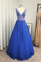 A-line/Princess V Neck Long/Floor-Length Tulle Prom Dresses With Beading Sequins