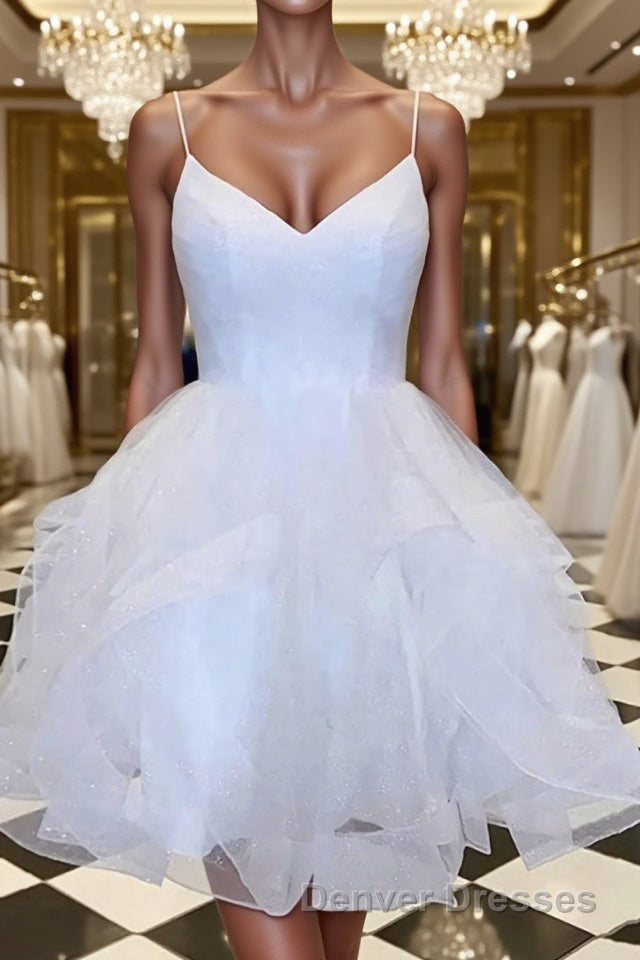 A-Line/Princess V-neck Short/Mini Tulle Homecoming Dress With Cascading Ruffles