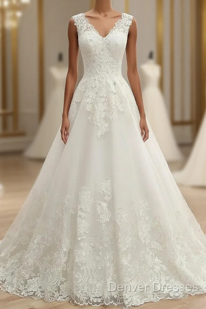 A-Line/Princess V-Neck Sleeveless Applique Tulle Floor-Length Wedding Dress Main image
