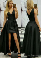 A-line/Princess V Neck Sleeveless Asymmetrical Satin Prom Dresses With Pleated