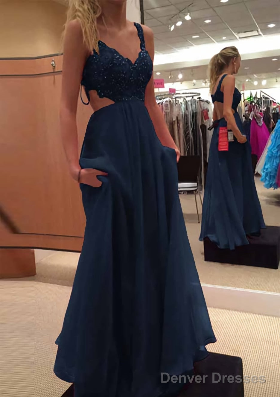 A-line/Princess V Neck Sleeveless Long/Floor-Length Chiffon Prom Dresses With Lace Beading Secondary image