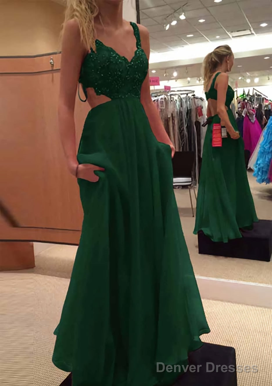 A-line/Princess V Neck Sleeveless Long/Floor-Length Chiffon Prom Dresses With Lace Beading
