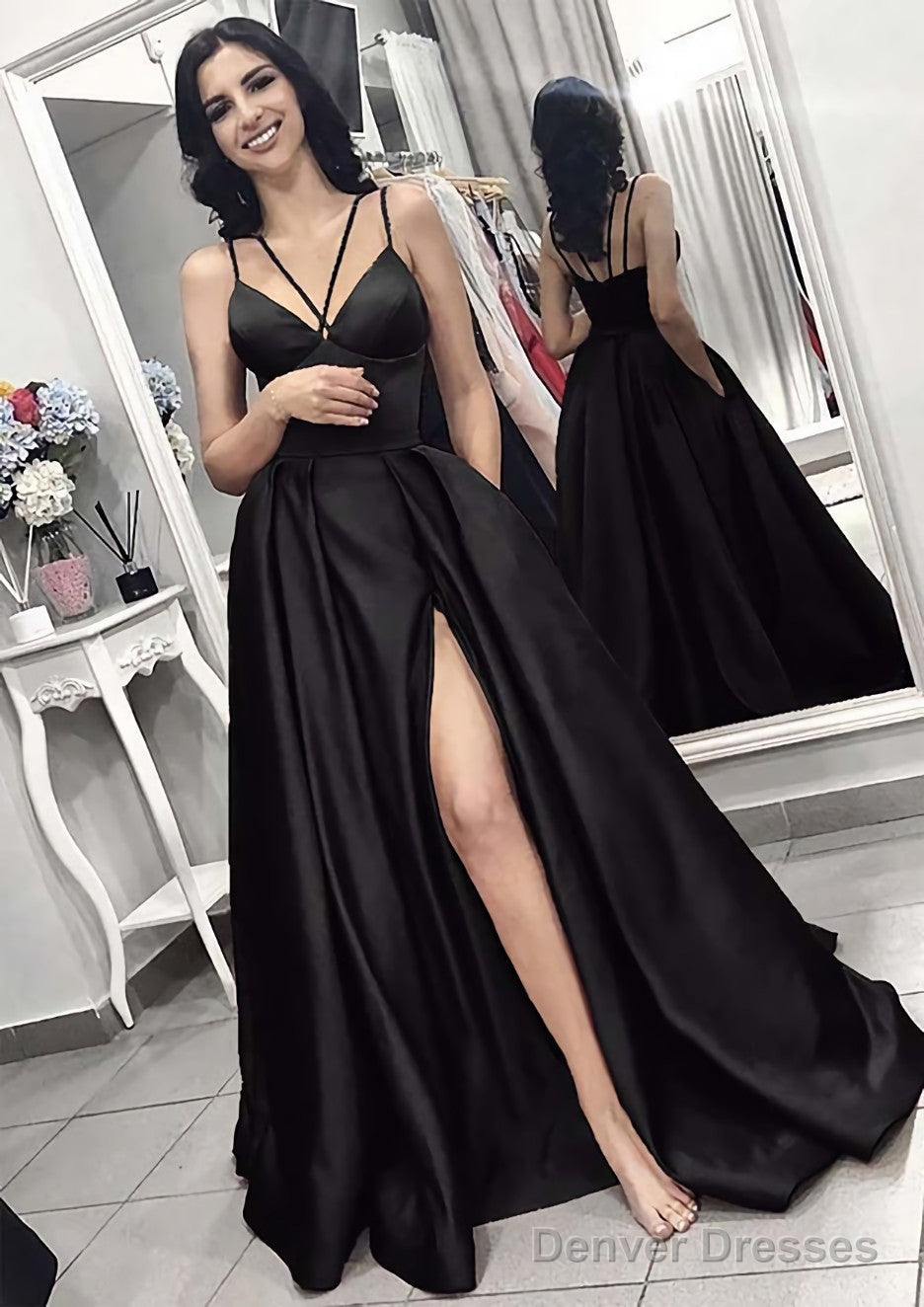 A-line/Princess V Neck Sleeveless Long/Floor-Length Elastic Satin Evening Dresses With Split Pleated