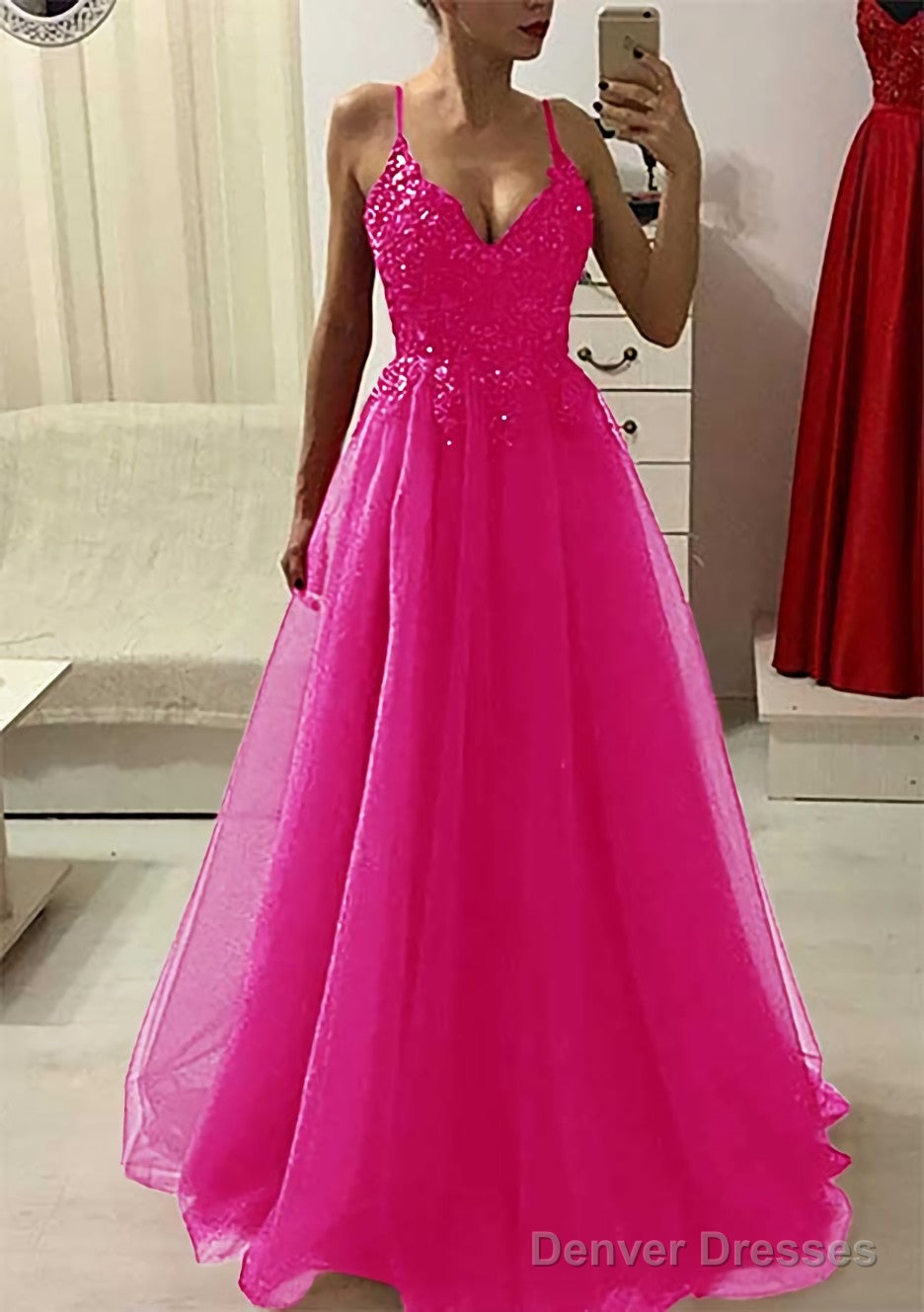 A-line/Princess V Neck Sleeveless Long/Floor-Length Prom Dresses With Appliqued Beading