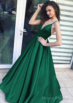 A-line/Princess V Neck Sleeveless Long/Floor-Length Satin Prom Dresses