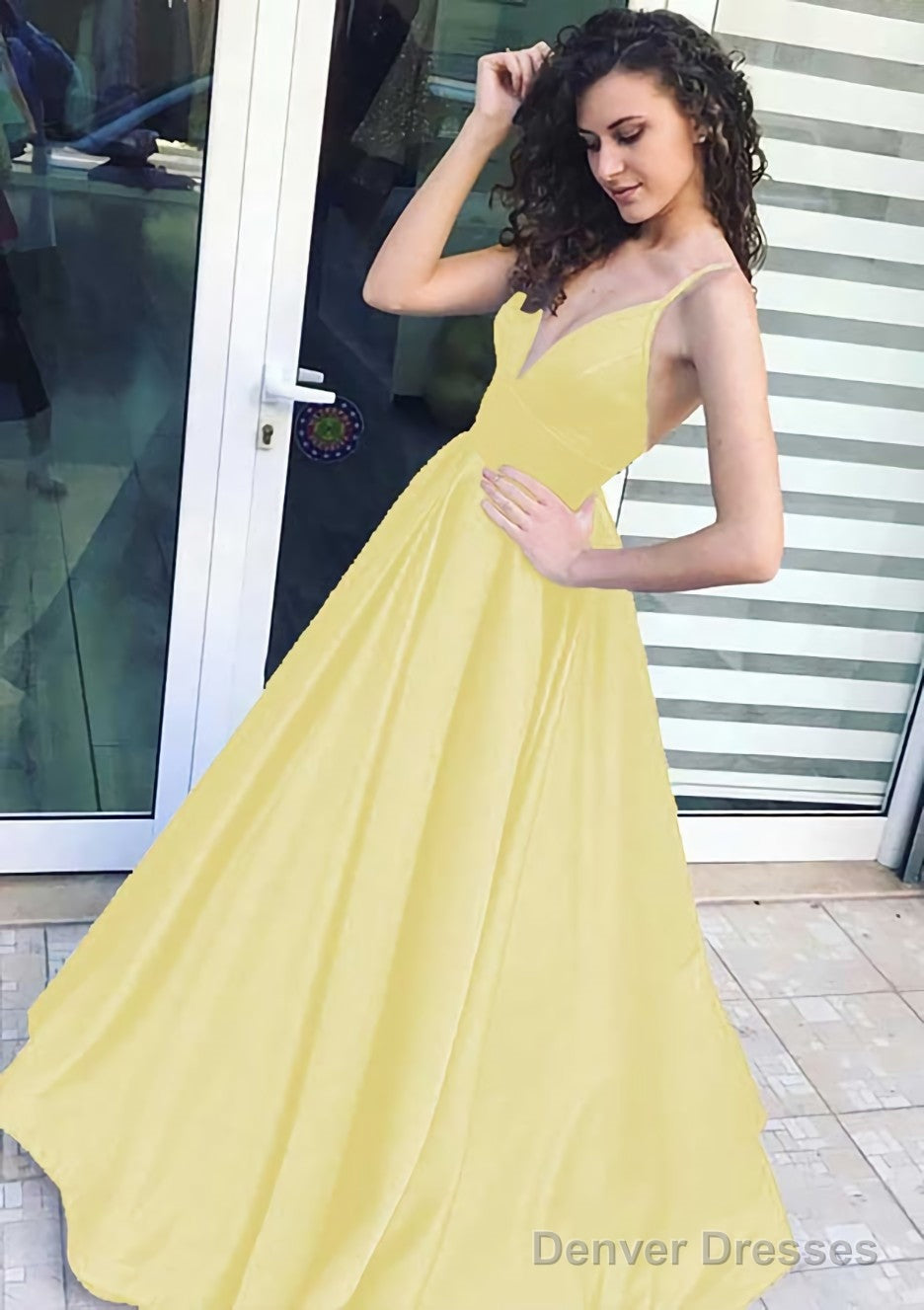 A-line/Princess V Neck Sleeveless Long/Floor-Length Satin Prom Dresses