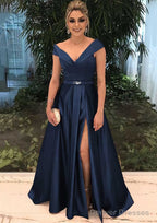 A-line/Princess V Neck Sleeveless Long/Floor-Length Satin Prom Dresses With Split Beading