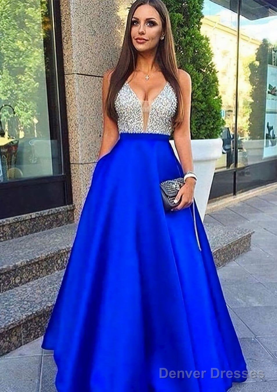 A-line/Princess V Neck Sleeveless Long/Floor-Length Satin Prom Dresses With Sequins Main image