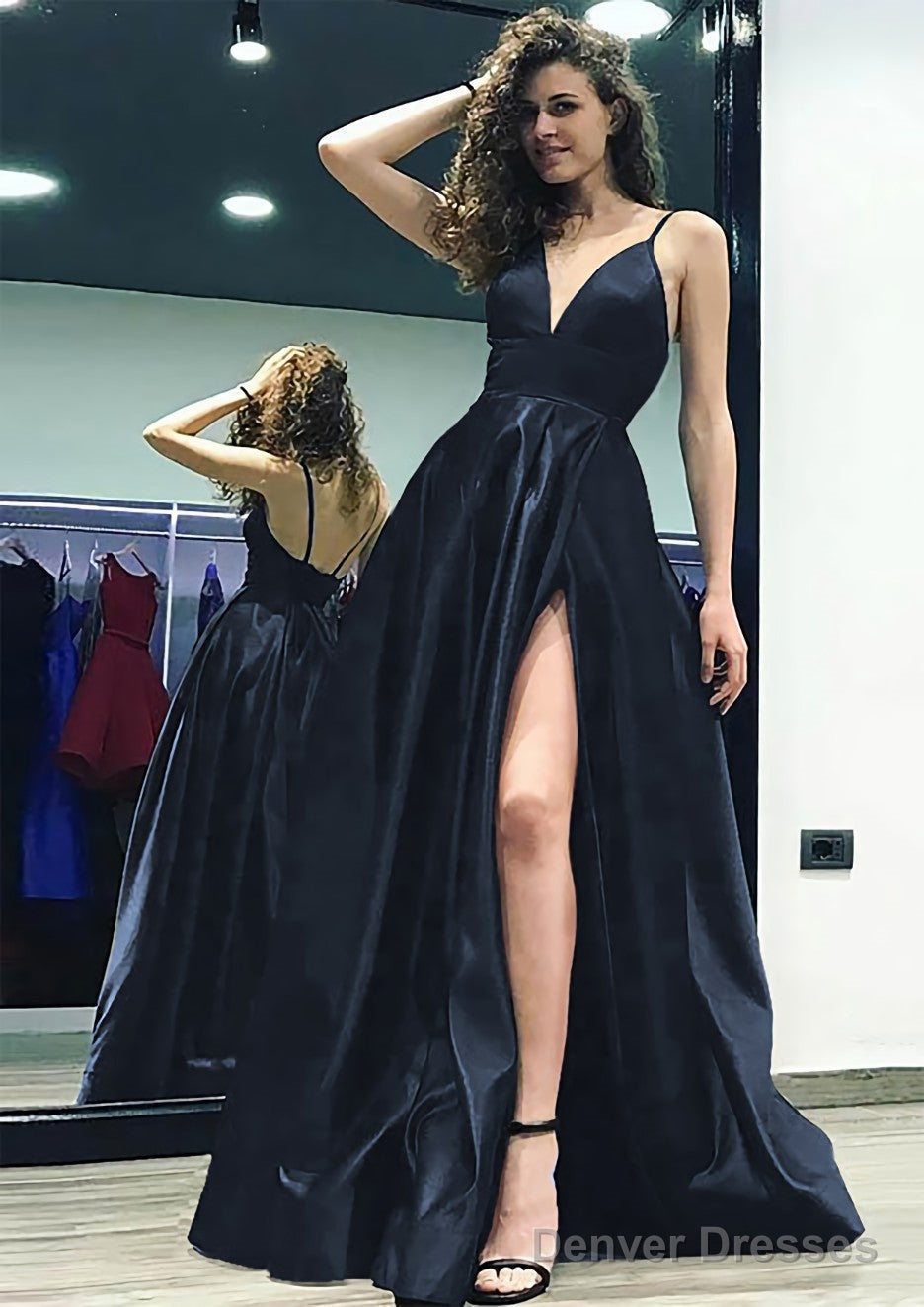 A-line/Princess V Neck Sleeveless Sweep Train Satin Prom Dresses With Split Secondary image