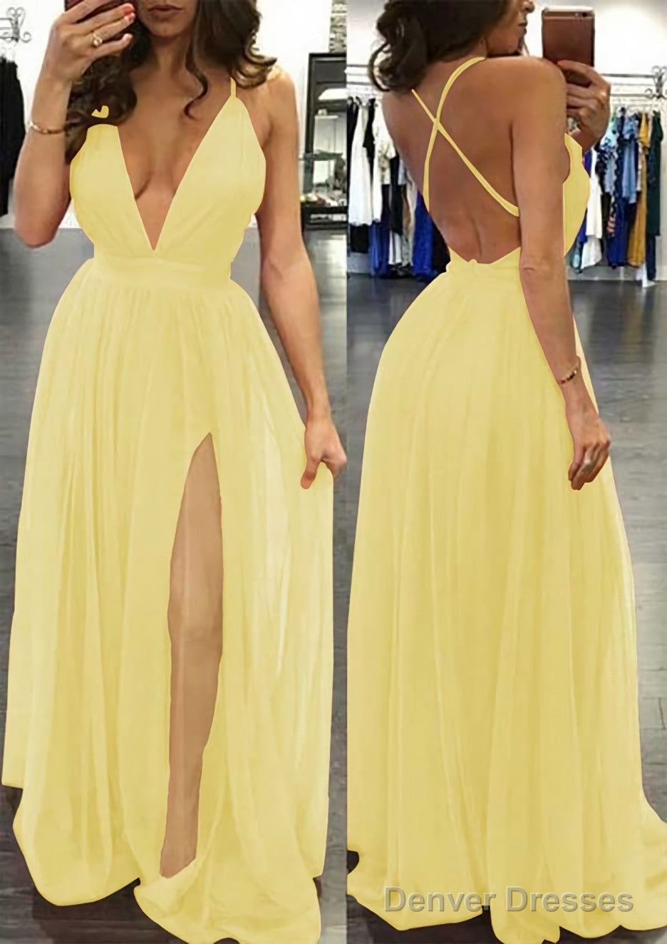 A-line/Princess V Neck Sleeveless Sweep Train Tulle Prom Dresses