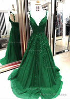 A-line/Princess V Neck Sleeveless Sweep Train Tulle Prom Dresses With Appliqued