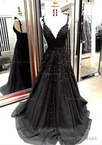 A-line/Princess V Neck Sleeveless Sweep Train Tulle Prom Dresses With Appliqued