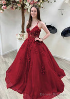 A-line Princess V Neck Sleeveless Sweep Train Tulle Prom Dresses With Appliqued Beading Lace
