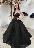 A-line Princess V Neck Sleeveless Sweep Train Tulle Prom Dresses With Appliqued Beading Lace