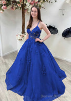 A-line Princess V Neck Sleeveless Sweep Train Tulle Prom Dresses With Appliqued Beading Lace