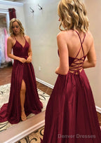 A-line Princess V Neck Sweep Train Charmeuse Prom Dresses With Split