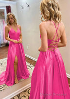 A-line Princess V Neck Sweep Train Charmeuse Prom Dresses With Split