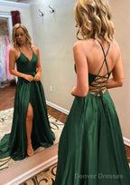 A-line Princess V Neck Sweep Train Charmeuse Prom Dresses With Split