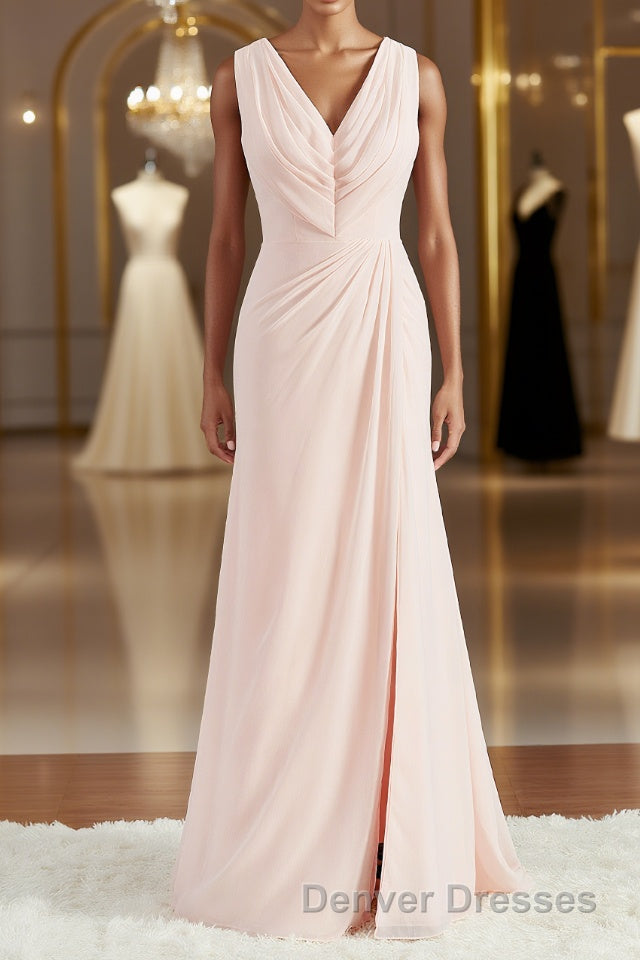 A-Line/Princess V-neck Sweep Train Chiffon Bridesmaid Dress Main image