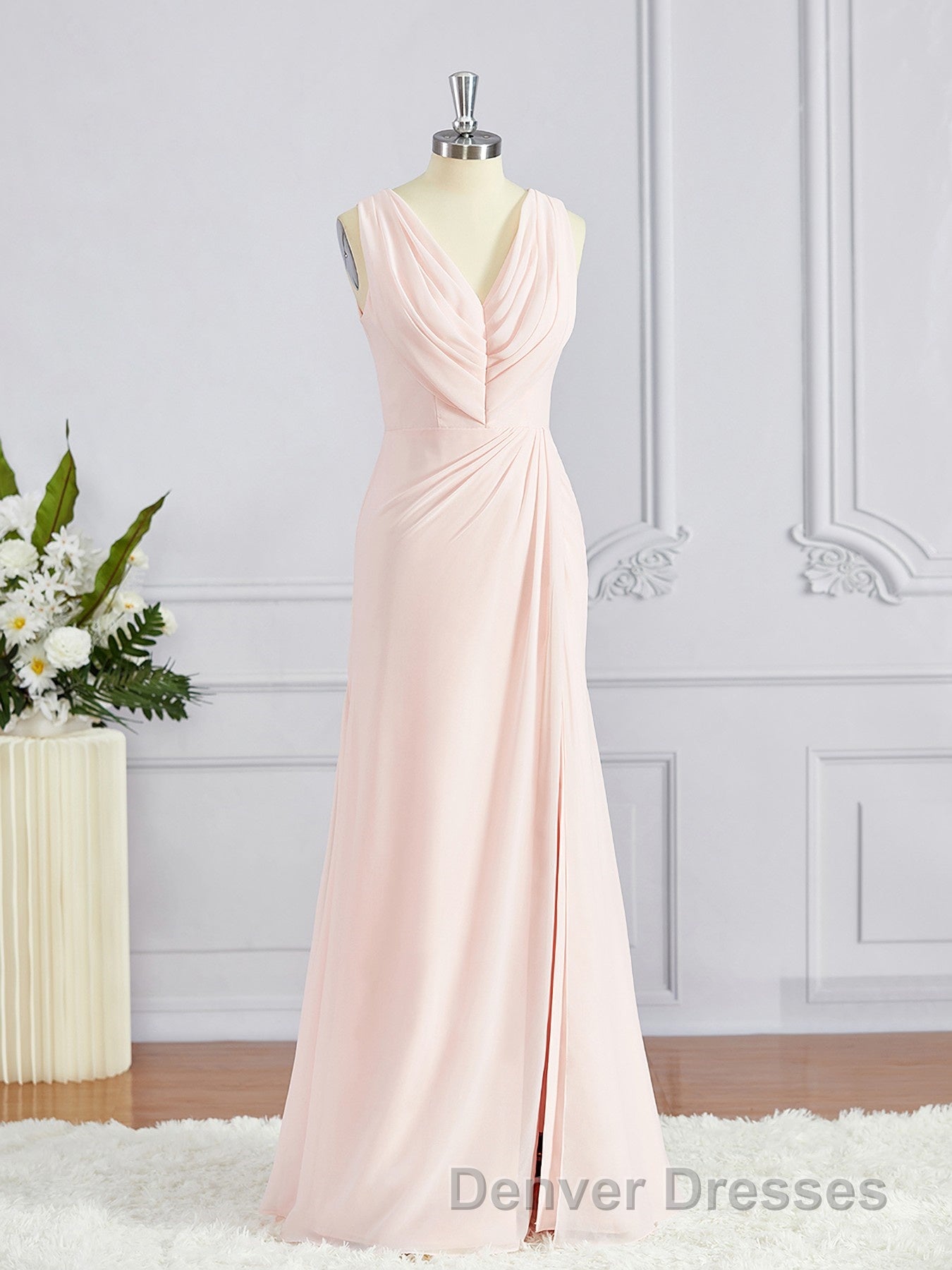 A-Line/Princess V-neck Sweep Train Chiffon Bridesmaid Dress