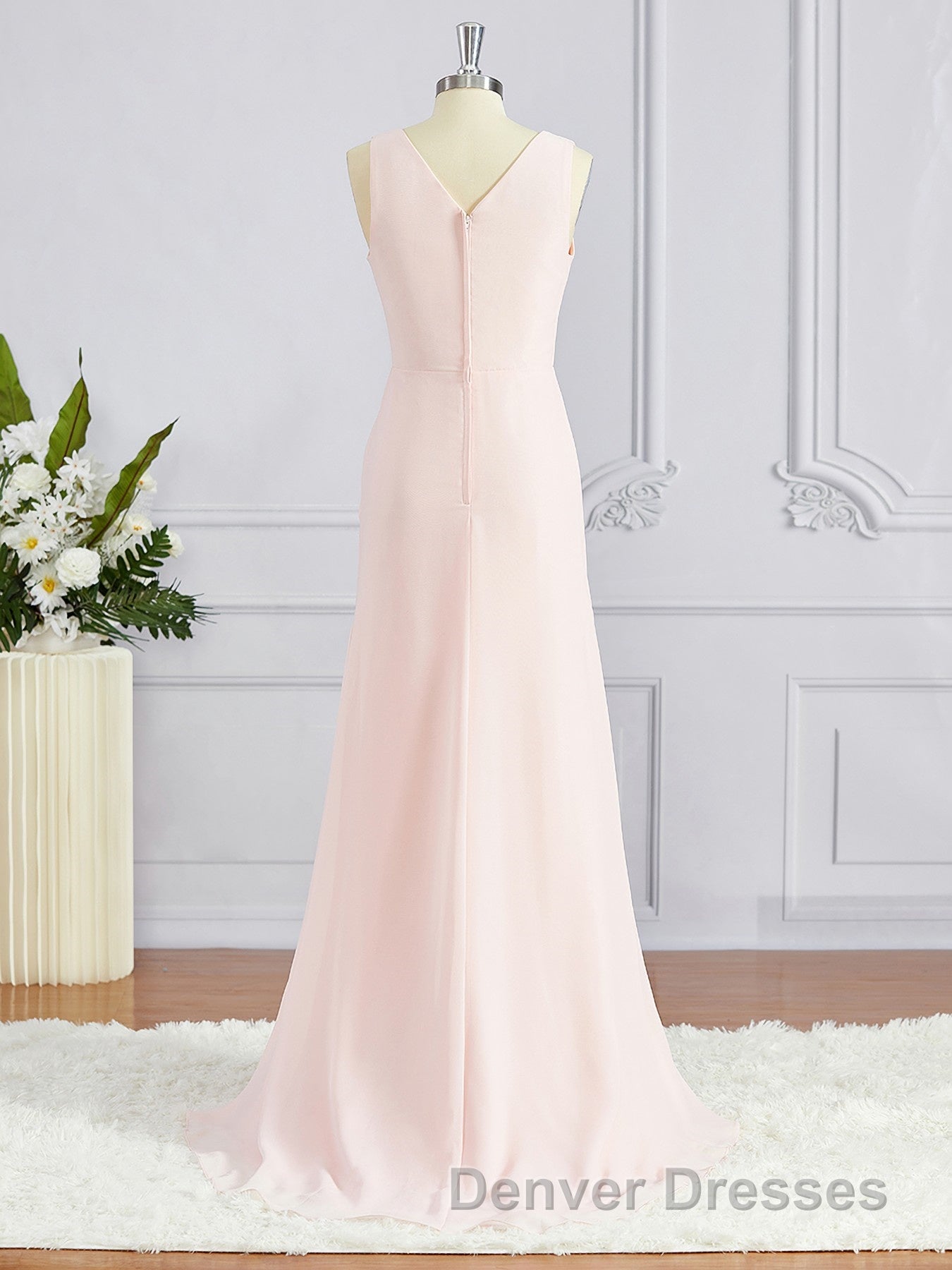 A-Line/Princess V-neck Sweep Train Chiffon Bridesmaid Dress