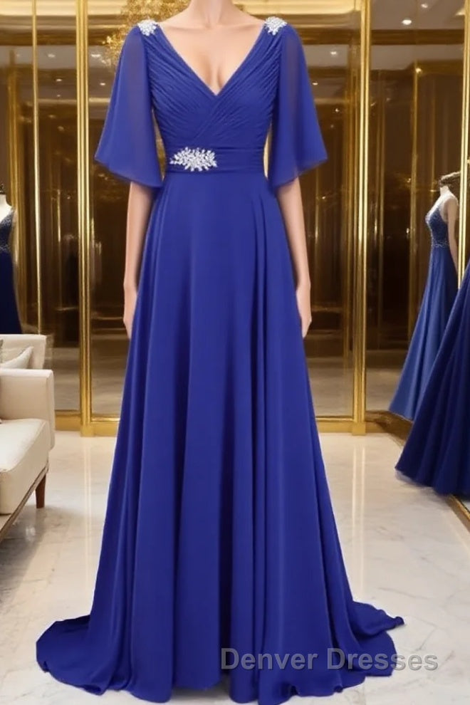 A-Line/Princess V-neck Sweep Train Chiffon Mother of the Bride Dress With Beading