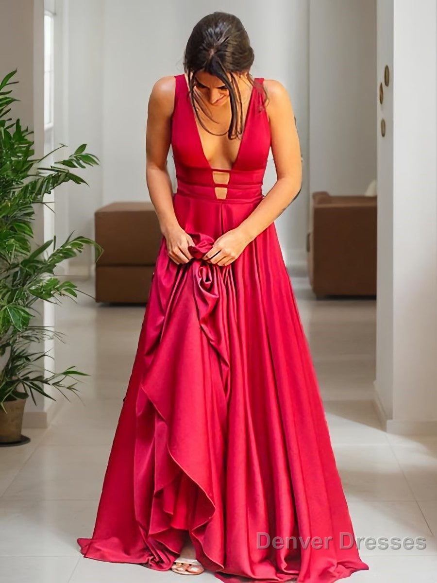 A-Line/Princess V-neck Sweep Train Elastic Woven Satin Evening Dresses With Ruffles Main image
