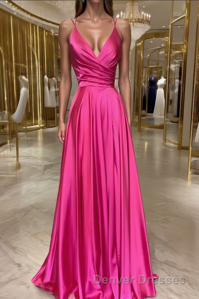 A-Line/Princess V-neck Sweep Train Elastic Woven Satin Prom Dress Main image