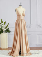 A-Line/Princess V-neck Sweep Train Jersey Bridesmaid Dress with Leg Slit