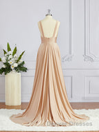 A-Line/Princess V-neck Sweep Train Jersey Bridesmaid Dress with Leg Slit