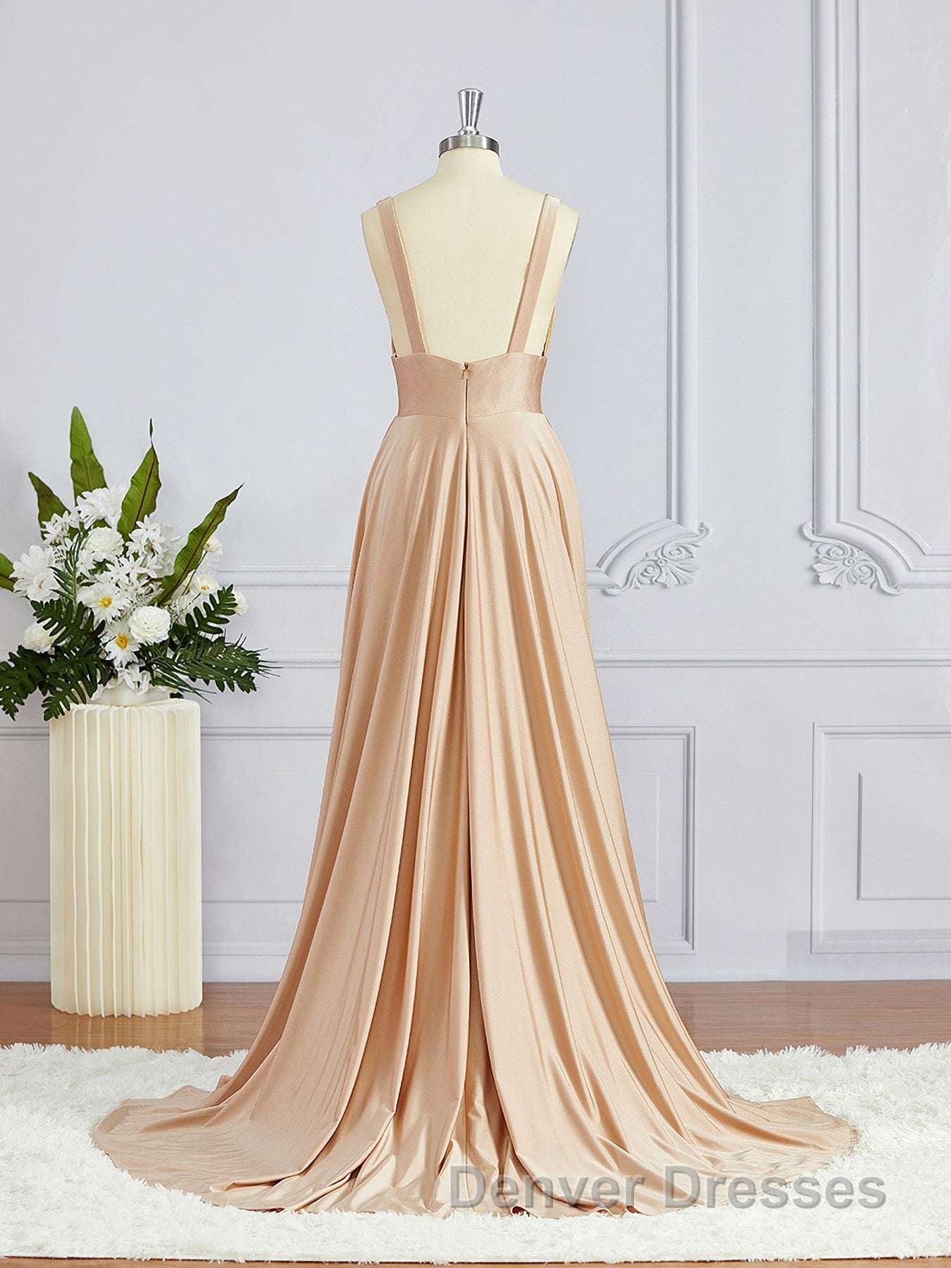 A-Line/Princess V-neck Sweep Train Jersey Bridesmaid Dress with Leg Slit
