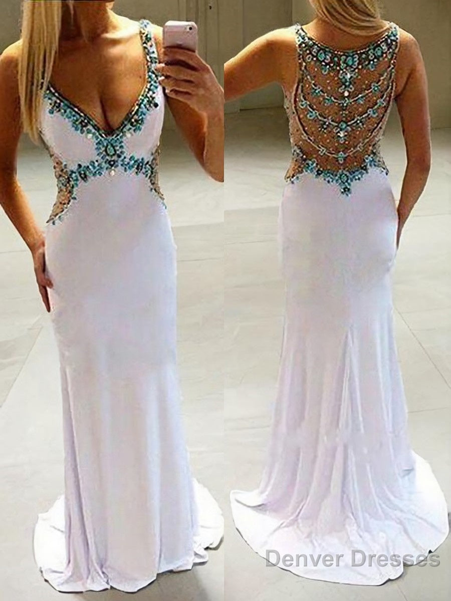 A-Line/Princess V-neck Sweep Train Jersey Prom Dresses With Rhinestone Main image