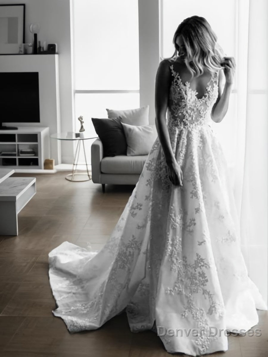 A-Line/Princess V-neck Sweep Train Lace Wedding Dresses With Appliques Lace Main image