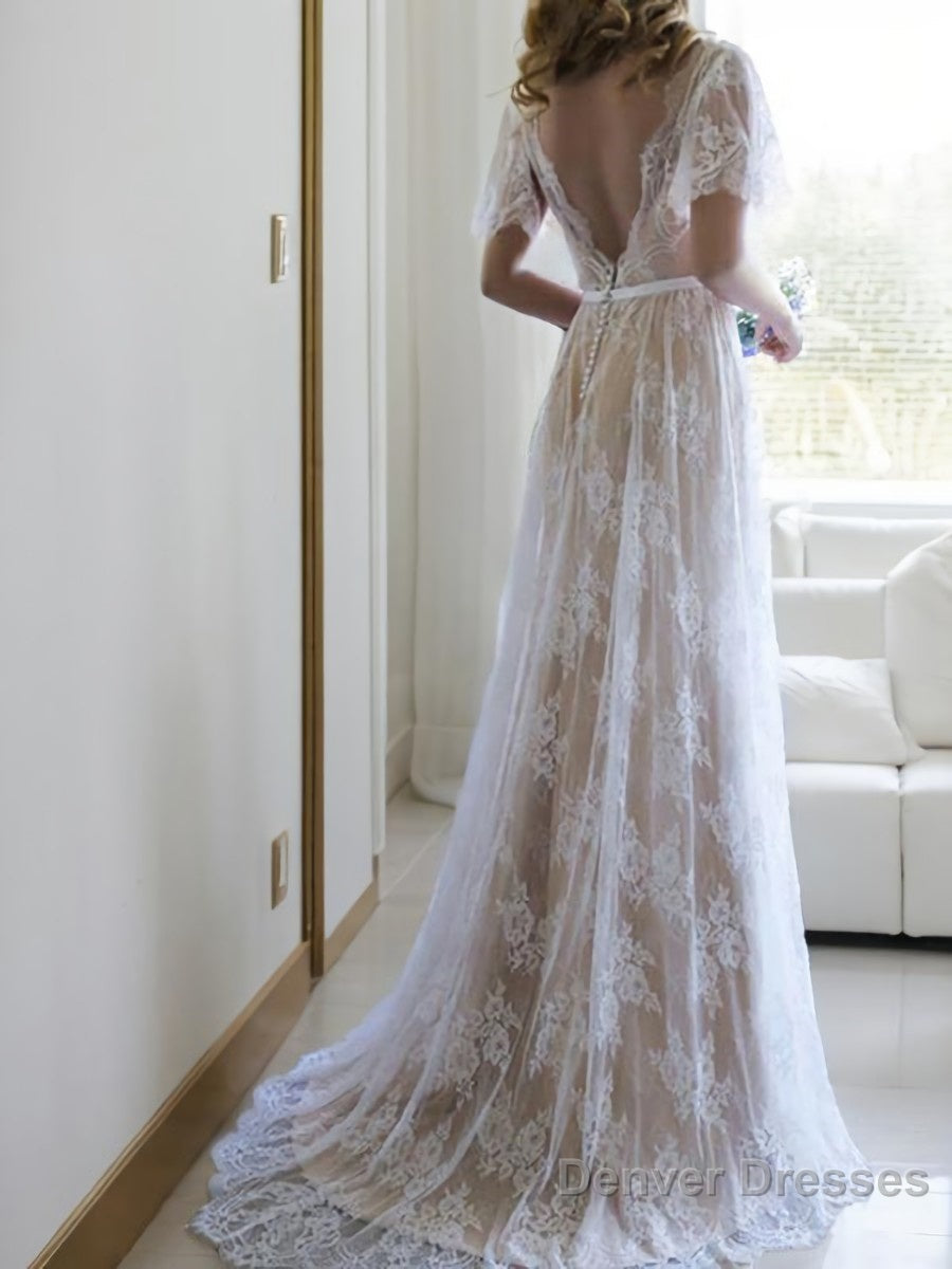 A-Line/Princess V-neck Sweep Train Lace Wedding Dresses With Appliques Lace Main image