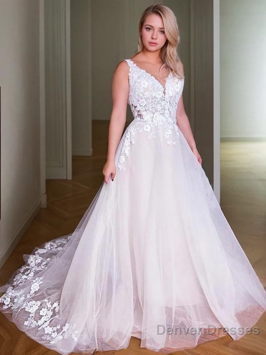 A-Line/Princess V-neck Sweep Train Lace Wedding Dresses With Appliques Lace Main image